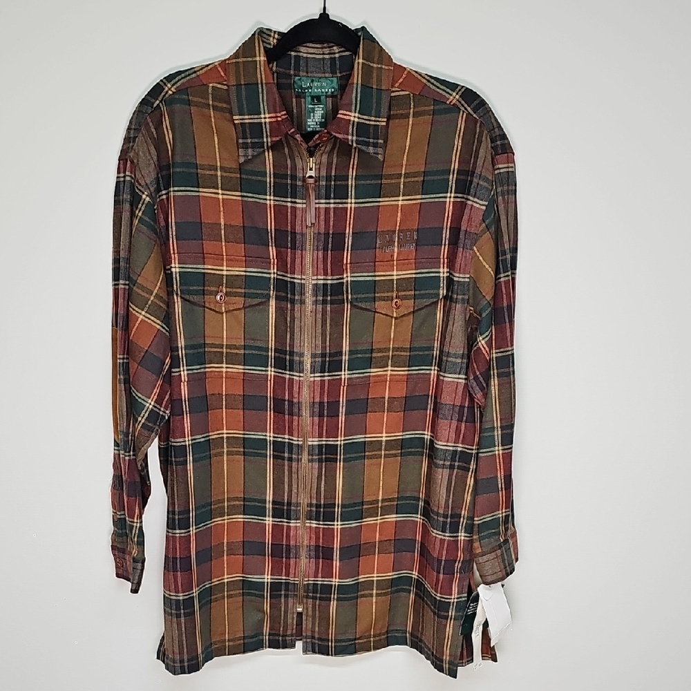 Vintage Lauren Ralph Lauren Zip Up Shacket, Brown Green Plaid, Size L, NEWw FLAW